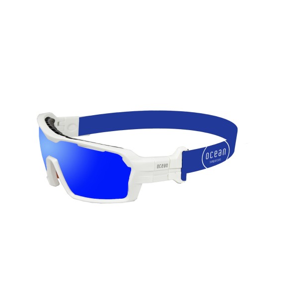 Frame: matte white Strap: blue Nosepads, foam & TIps: blue Lens: revo blue